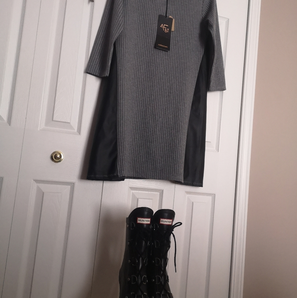 Gray&White Striped Dress with Faux Leather Sides